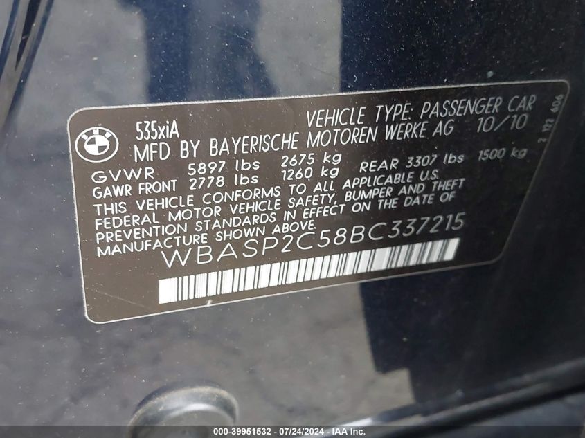 2011 BMW 535 Xigt VIN: WBASP2C58BC337215 Lot: 39951532