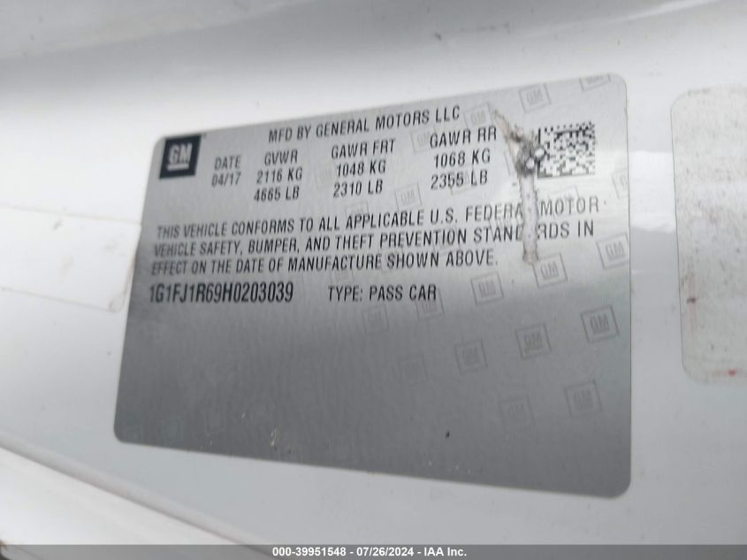 2017 Chevrolet Camaro Zl1 VIN: 1G1FJ1R69H0203039 Lot: 39951548