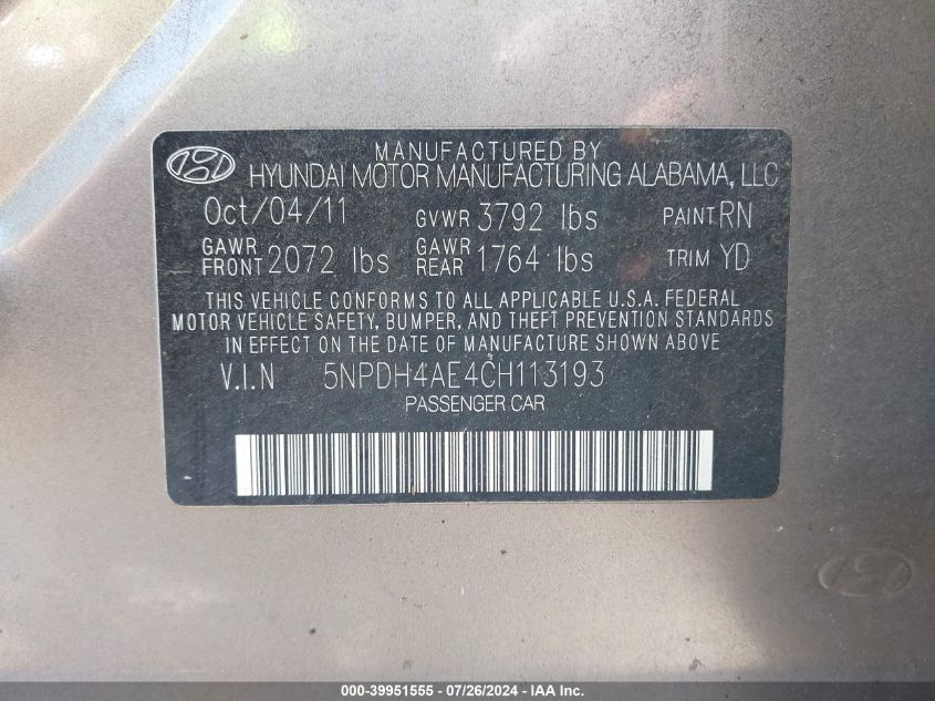 2012 Hyundai Elantra Gls VIN: 5NPDH4AE4CH113193 Lot: 39951555