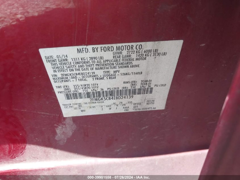 2014 Ford Flex Sel VIN: 2FMGK5C84EBD24139 Lot: 39951558