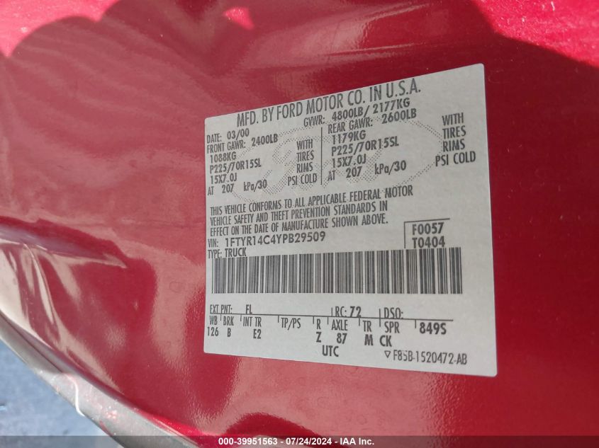 2000 Ford Ranger Xl/Xlt VIN: 1FTYR14C4YPB29509 Lot: 39951563