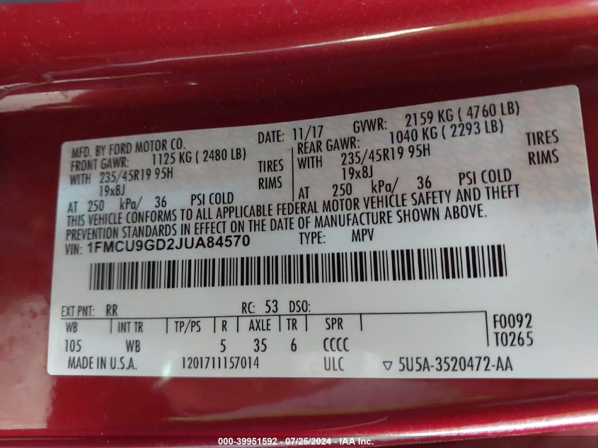 2018 Ford Escape Se VIN: 1FMCU9GD2JUA84570 Lot: 39951592