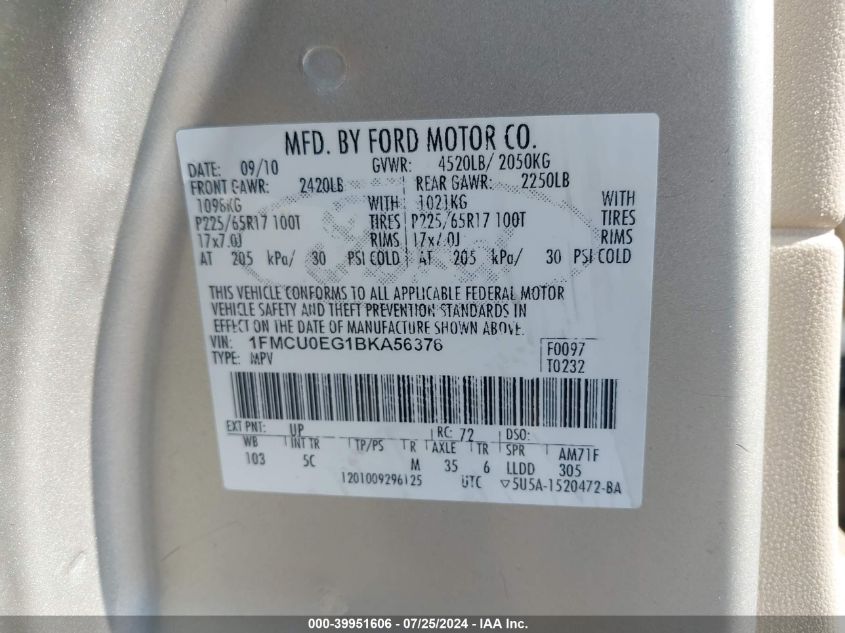 2011 Ford Escape Limited VIN: 1FMCU0EG1BKA56376 Lot: 39951606