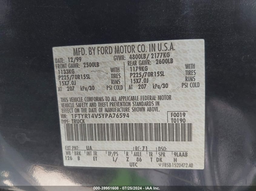 2000 Ford Ranger Xl/Xlt VIN: 1FTYR14V5YPA76594 Lot: 39951608