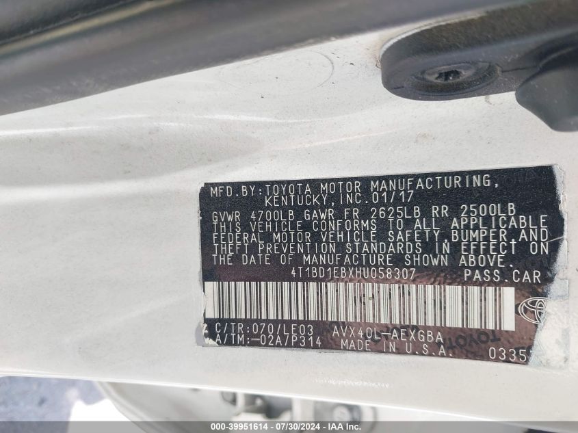 4T1BD1EBXHU058307 2017 Toyota Avalon Hybrid Xle Premium