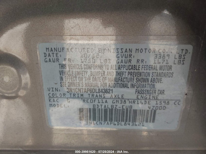 2013 Nissan Versa 1.6 Sv VIN: 3N1CN7AP6DL843621 Lot: 39951620