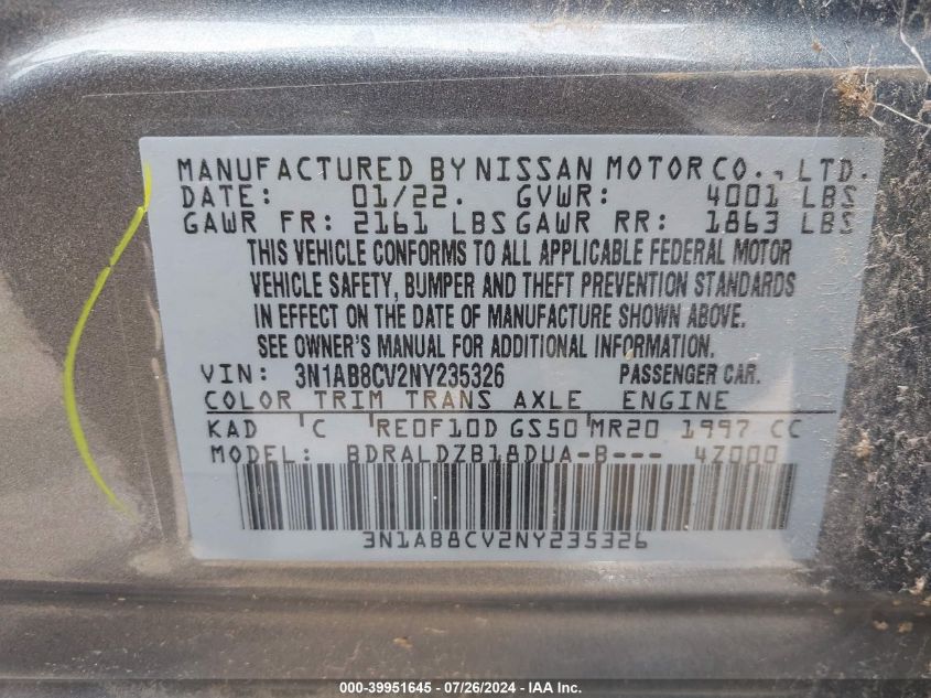 2022 Nissan Sentra Sv Xtronic Cvt VIN: 3N1AB8CV2NY235326 Lot: 39951645