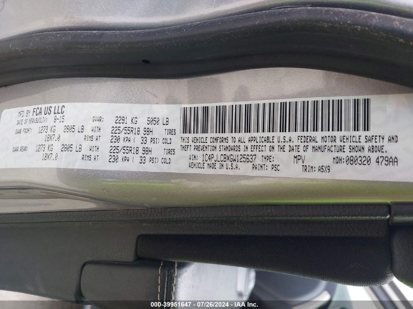 2016 Jeep Cherokee Altitude VIN: 1C4PJLCBXGW125637 Lot: 39951647