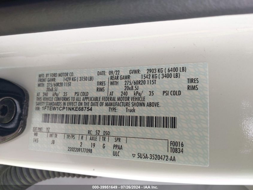 2022 Ford F-150 Xl VIN: 1FTEW1CP1NKE68754 Lot: 39951649