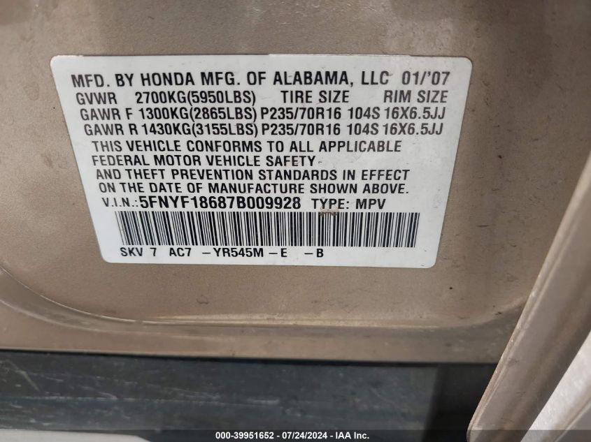 2007 Honda Pilot Ex-L VIN: 5FNYF18687B009928 Lot: 39951652