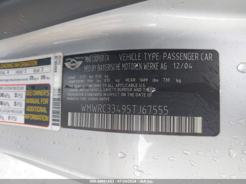 2005 Mini Cooper VIN: WMWRC33495TJ67555 Lot: 39951653