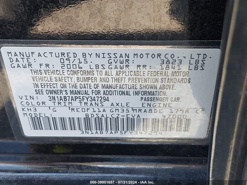 2015 Nissan Sentra S VIN: 3N1AB7AP5FY347294 Lot: 39951657