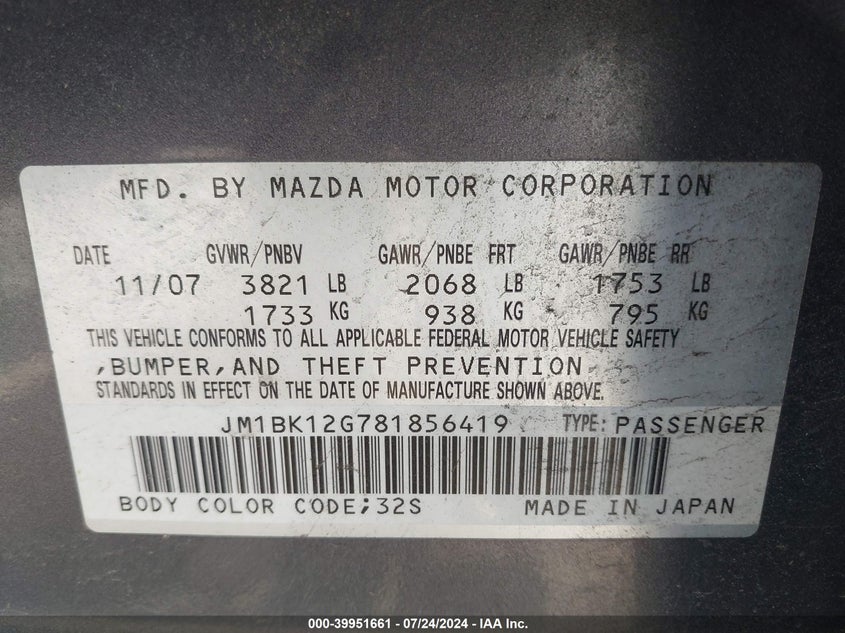 2008 Mazda Mazda3 I Sport VIN: JM1BK12G781856419 Lot: 39951661