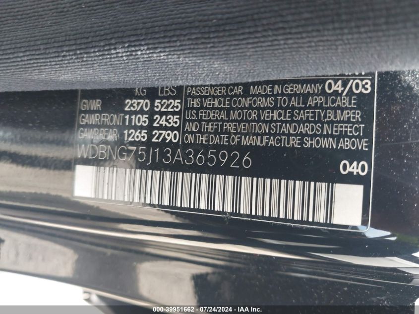 2003 Mercedes-Benz S 500 VIN: WDBNG75J13A365926 Lot: 39951662
