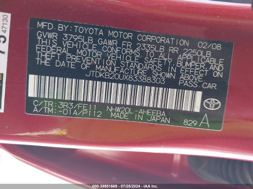 2008 Toyota Prius Standard/Touring VIN: JTDKB20UX83388303 Lot: 39951669