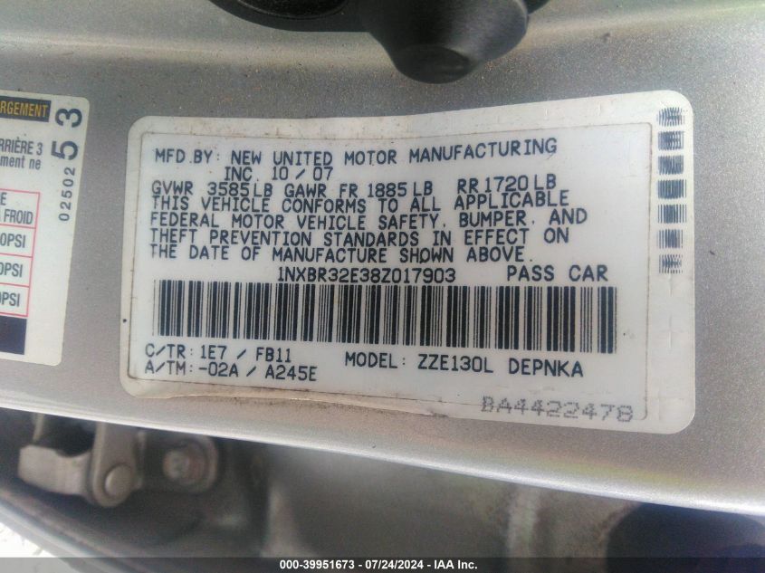 2008 Toyota Corolla Le VIN: 1NXBR32E38Z017903 Lot: 39951673