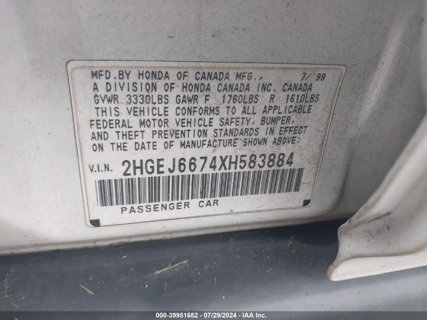 1999 Honda Civic Lx VIN: 2HGEJ6674XH583884 Lot: 39951682