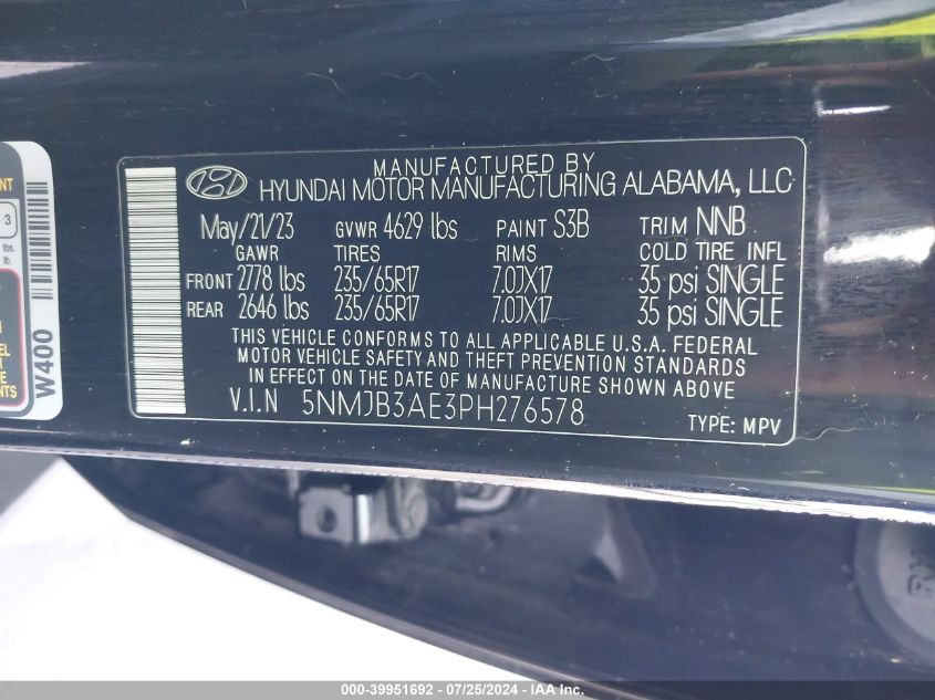 2023 Hyundai Tucson Sel VIN: 5NMJB3AE3PH276578 Lot: 39951692