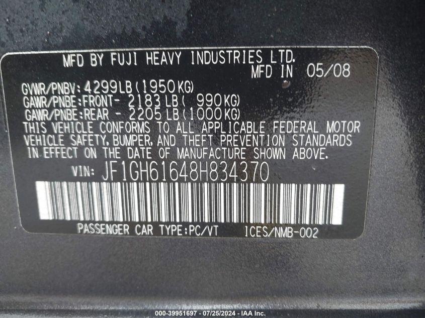 2008 Subaru Impreza 2.5I VIN: JF1GH61648H834370 Lot: 39951697