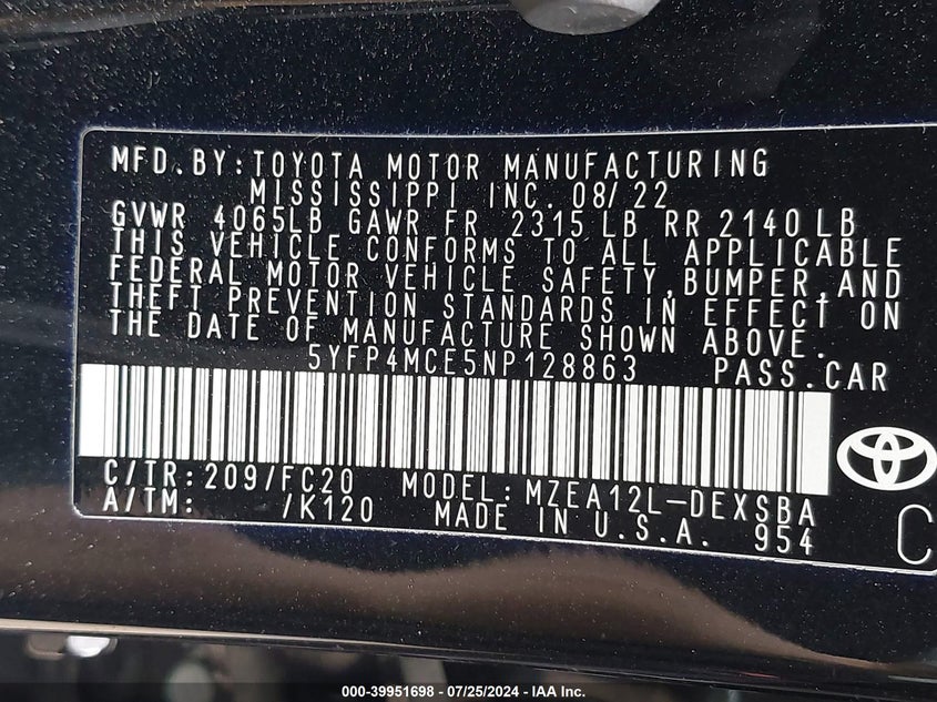 2022 TOYOTA COROLLA SE - 5YFP4MCE5NP128863