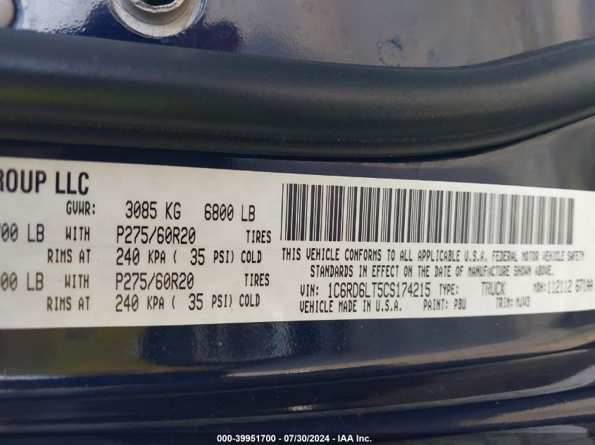 2012 Ram 1500 Slt VIN: 1C6RD6LT5CS174215 Lot: 39951700