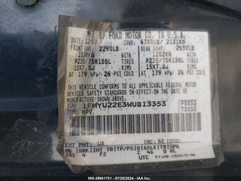 1998 Ford Explorer VIN: 1FMYU22E3WUB13353 Lot: 39951701