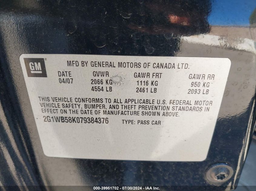 2007 Chevrolet Impala Ls VIN: 2G1WB58K079384376 Lot: 39951702