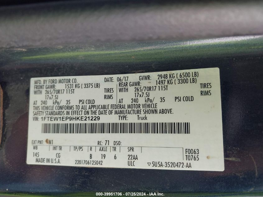 2017 Ford F-150 Xl VIN: 1FTEW1EP9HKE21229 Lot: 39951706