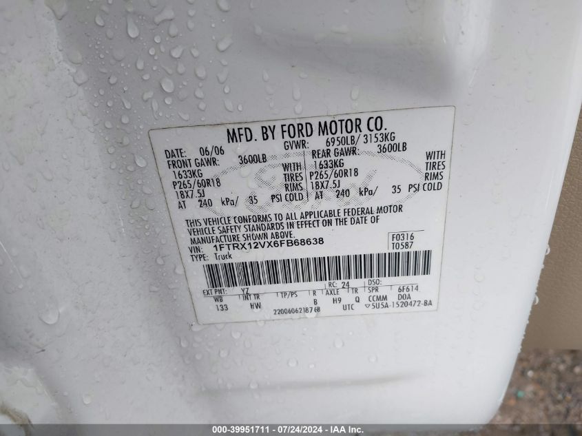 2006 Ford F-150 Lariat/Xlt VIN: 1FTRX12VX6FB68638 Lot: 39951711