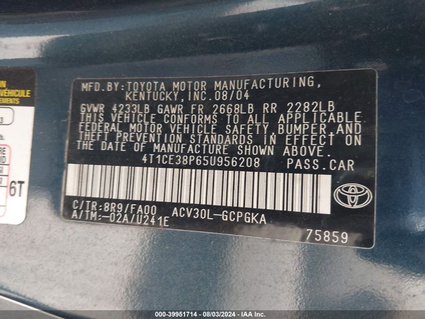 4T1CE38P65U956208 2005 Toyota Camry Solara Se/Se Sport/Sle