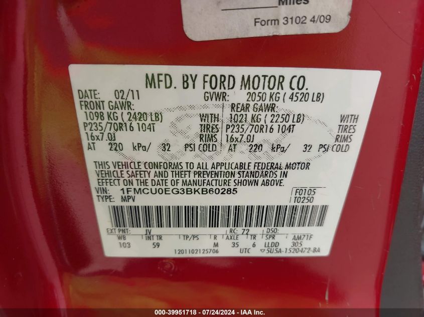 2011 Ford Escape Limited VIN: 1FMCU0EG3BKB60285 Lot: 39951718