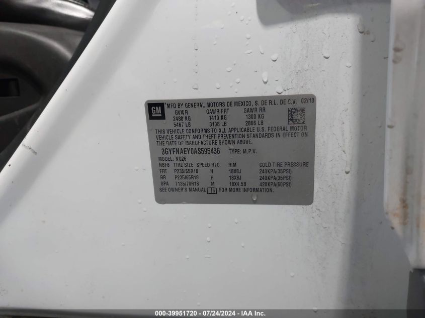 2010 Cadillac Srx Luxury Collection VIN: 3GYFNAEY0AS595436 Lot: 39951720