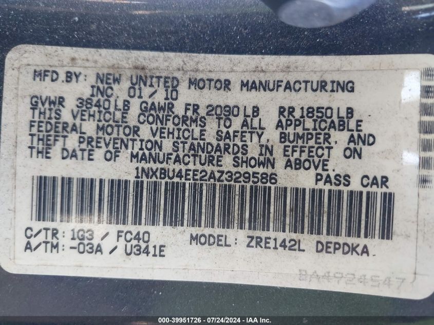 2010 Toyota Corolla S/Le/Xle VIN: 1NXBU4EE2AZ329586 Lot: 39951726