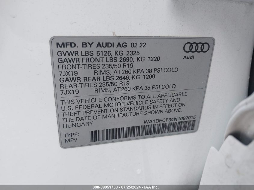 2022 Audi Q3 Premium 45 Tfsi S Line Quattro Tiptronic VIN: WA1DECF34N1087015 Lot: 39951730