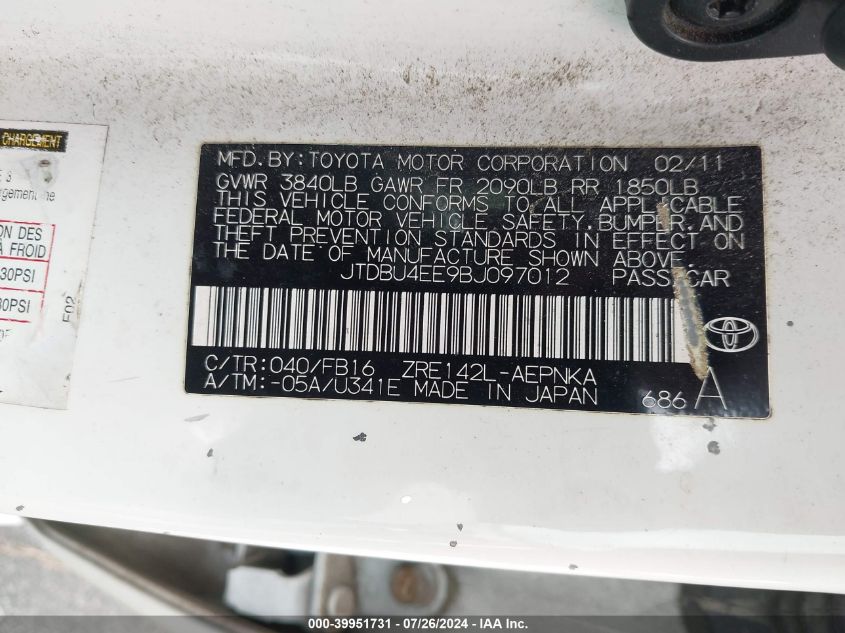2011 Toyota Corolla Le VIN: JTDBU4EE9BJ097012 Lot: 39951731