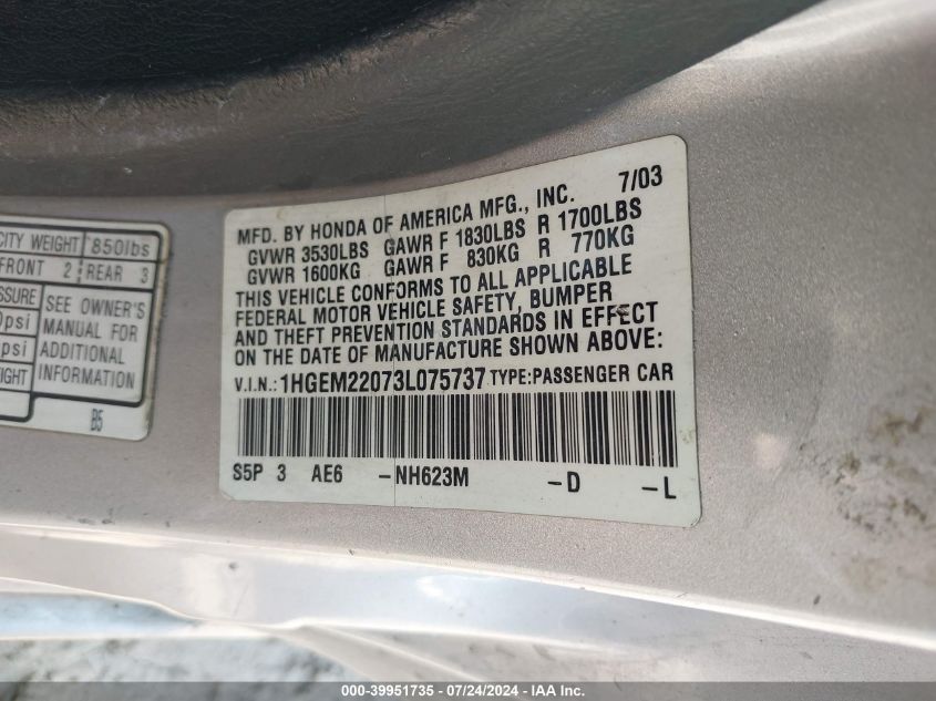 2003 Honda Civic Ex VIN: 1HGEM22073L075737 Lot: 39951735