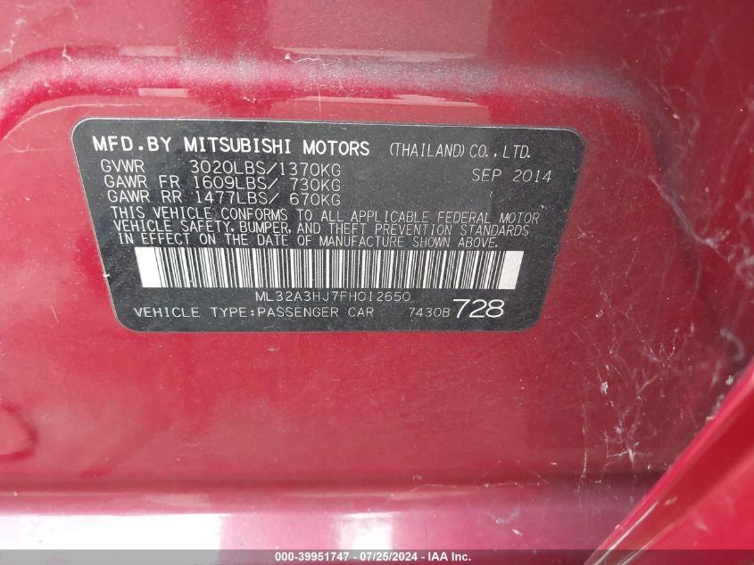 2015 Mitsubishi Mirage De VIN: ML32A3HJ7FH012650 Lot: 39951747