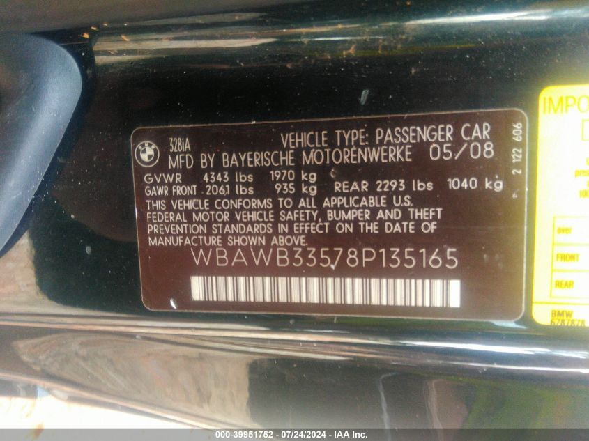 2008 BMW 328I VIN: WBAWB33578P135165 Lot: 39951752