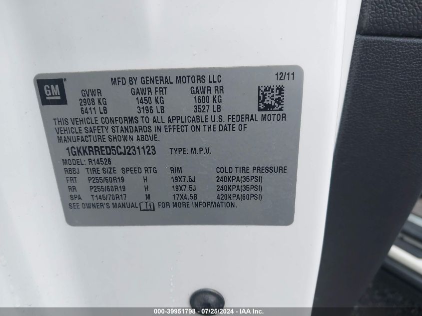 2012 GMC Acadia Slt-1 VIN: 1GKKRRED5CJ231123 Lot: 39951798