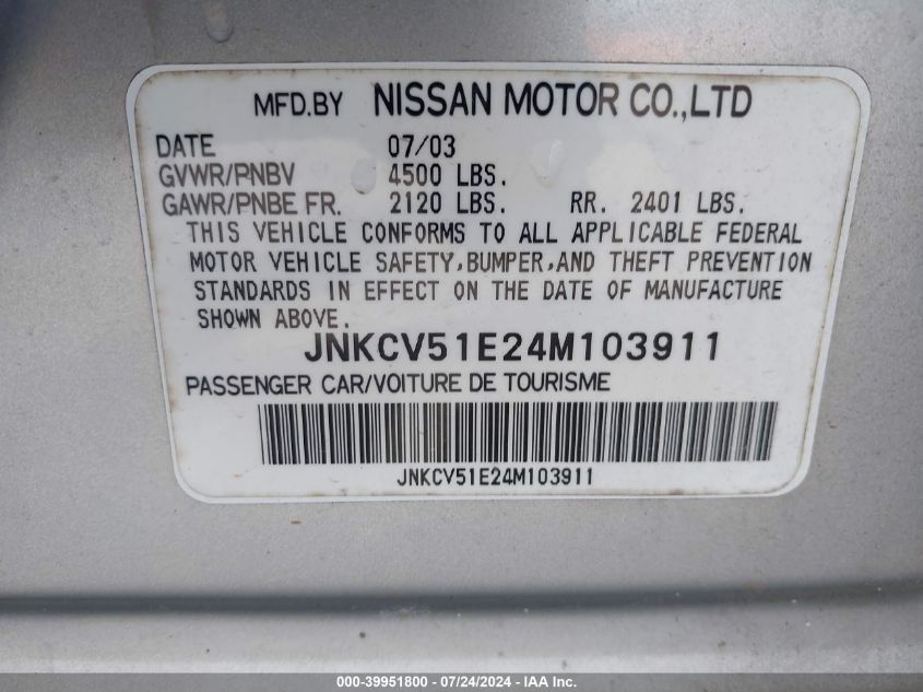 2004 Infiniti G35 VIN: JNKCV51E24M103911 Lot: 39951800