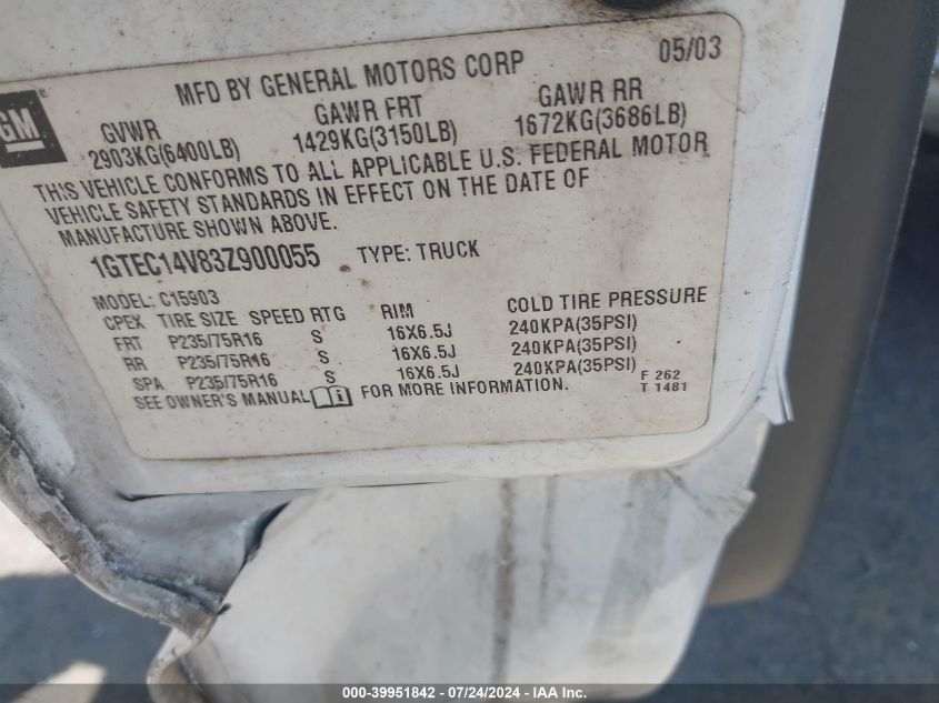 2003 GMC Sierra 1500 Work Truck VIN: 1GTEC14V83Z900055 Lot: 39951842