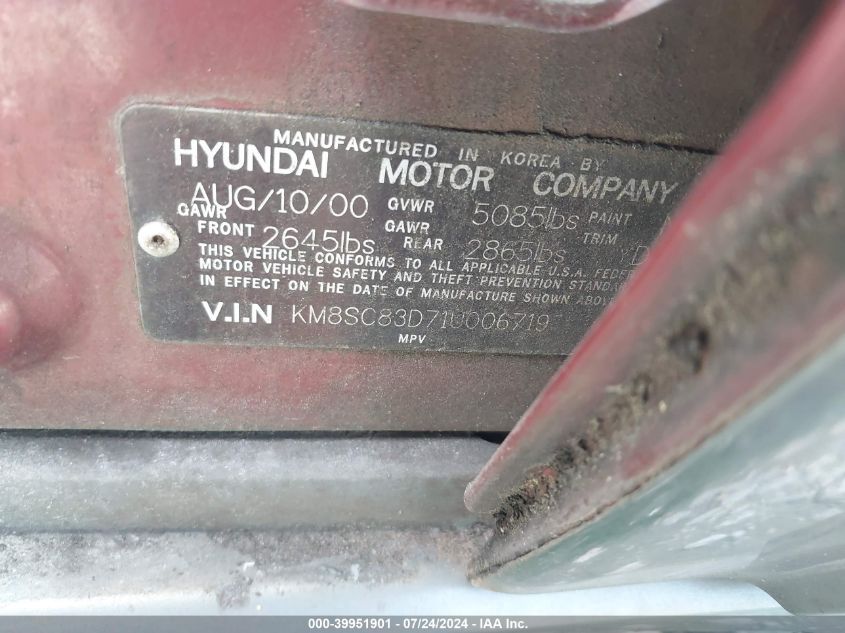 2001 Hyundai Santa Fe 2.7L V6 Gls/2.7L V6 Lx/Gls VIN: KM8SC83D71U006719 Lot: 39951901