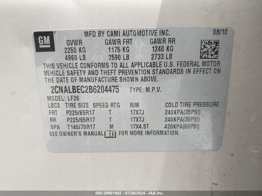 2011 Chevrolet Equinox Ls VIN: 2CNALBEC2B6204475 Lot: 39951902