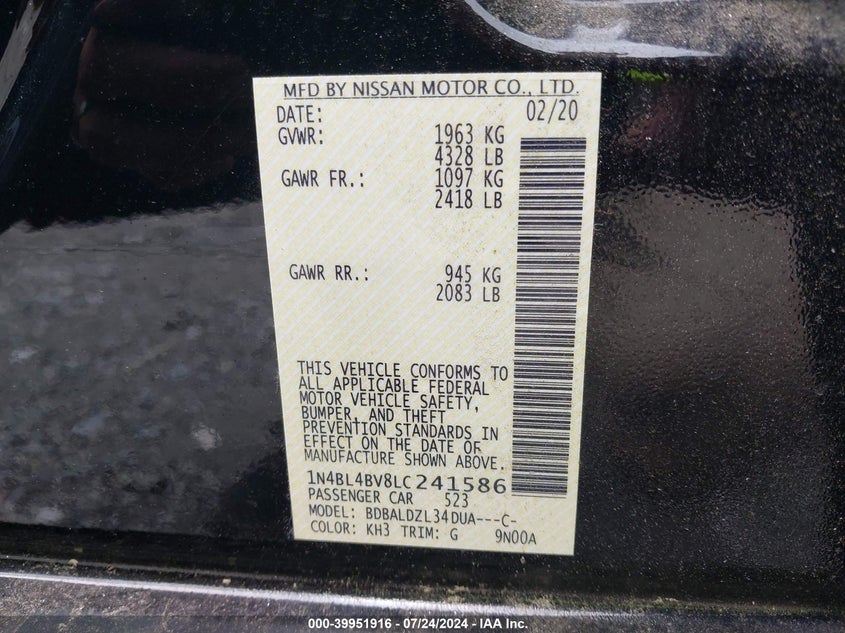 2020 Nissan Altima S Fwd VIN: 1N4BL4BV8LC241586 Lot: 39951916
