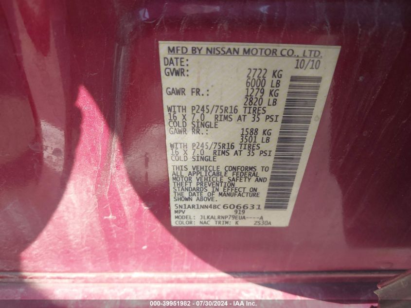 2011 Nissan Pathfinder S VIN: 5N1AR1NN4BC606631 Lot: 39951982