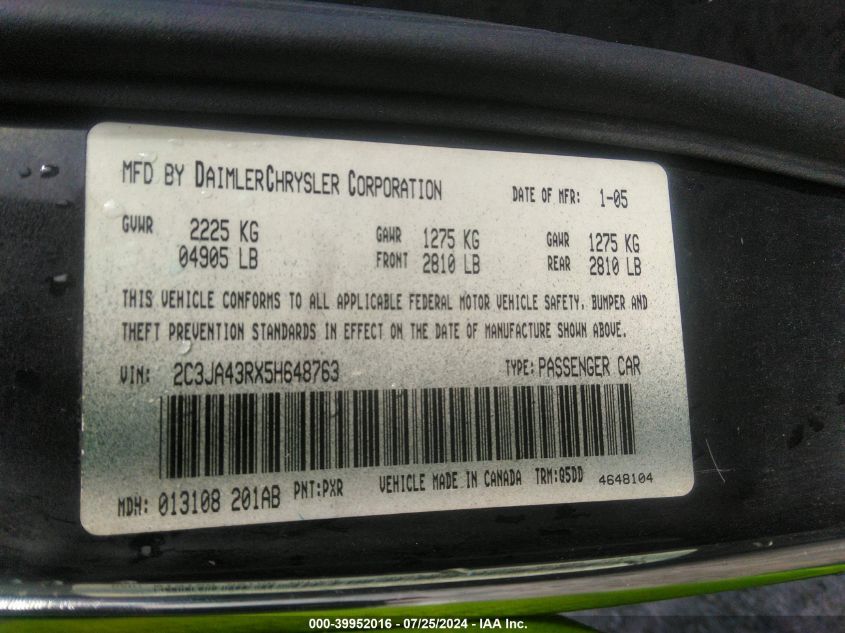 2005 Chrysler 300 VIN: 2C3JA43RX5H648763 Lot: 39952016