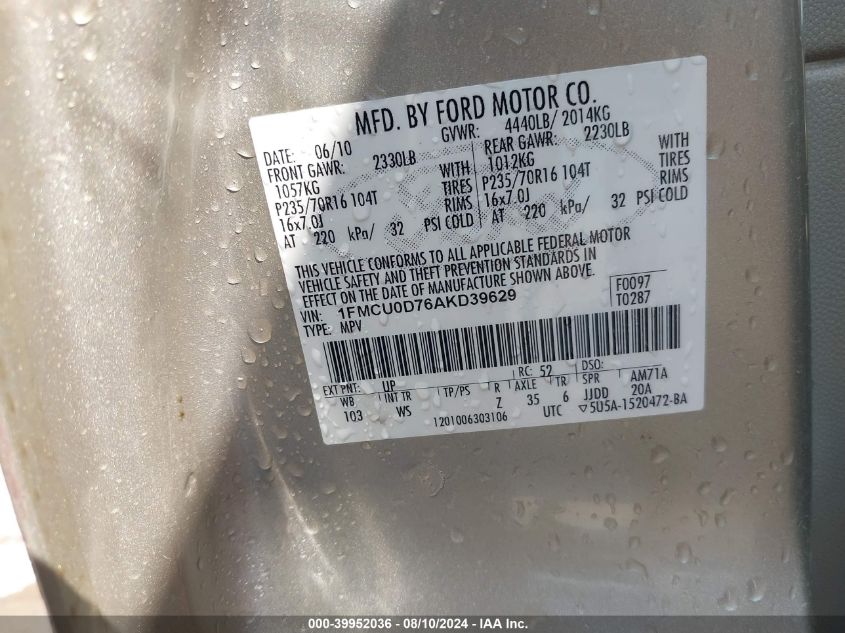 2010 Ford Escape Xlt VIN: 1FMCU0D76AKD39629 Lot: 39952036