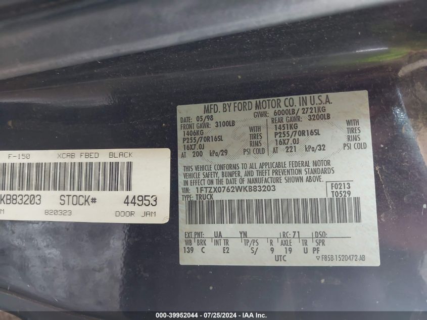 1998 Ford F-150 Lariat/Xl/Xlt VIN: 1FTZX0762WKB83203 Lot: 39952044