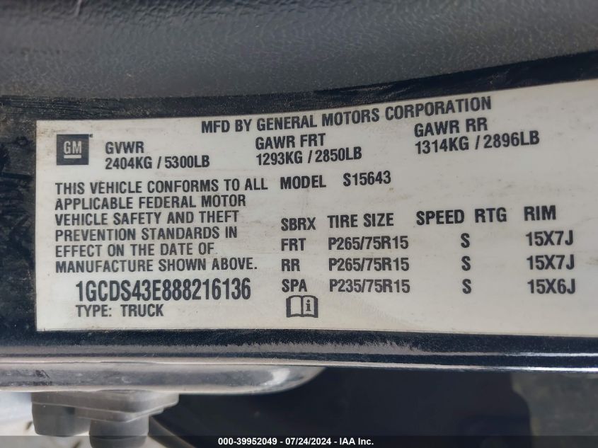 2008 Chevrolet Colorado Lt VIN: 1GCDS43E888216136 Lot: 39952049