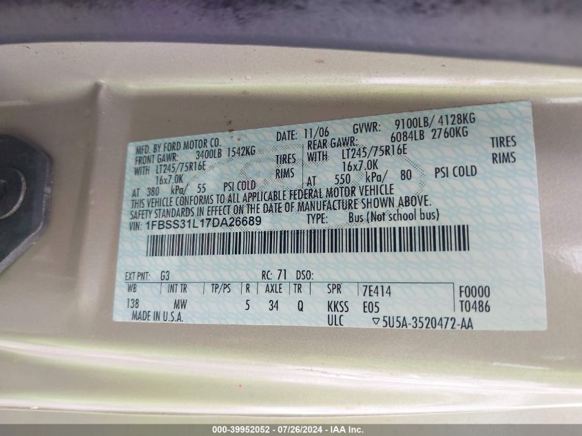 2007 Ford Econoline E350 Super Duty Wagon VIN: 1FBSS31L17DA26689 Lot: 39952052